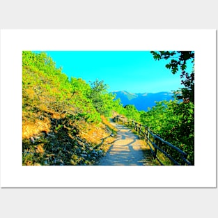 View at a mountain near Lago di Fiastra with juniper, oak tree, fenced path and Sibillini Posters and Art